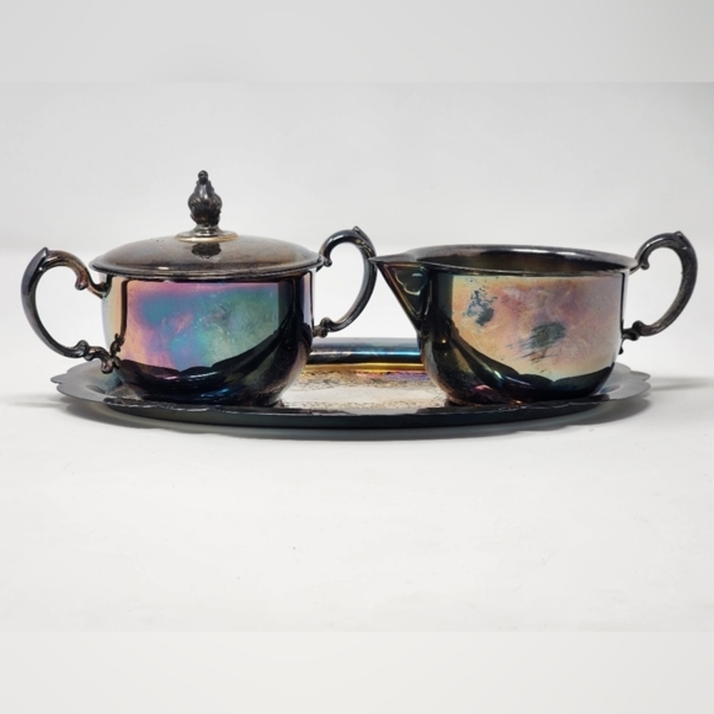 Sheridan Vintage Silver Plated Creamer & Sugar Bowl W/Lid And‎ Oval Serving Tray